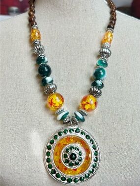 Boho Glass Beaded Statement Necklace & Pendant, Maximalist Bold Vibe